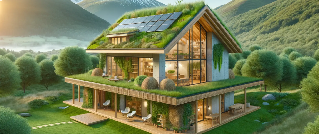 Image of eco friendly building materials including bamboo, recycled plastic lumber, recycled aluminum, recycled concrete, sheep's wool insulation, rammed earth, and straw bales, highlighting sustainable choices for house building.