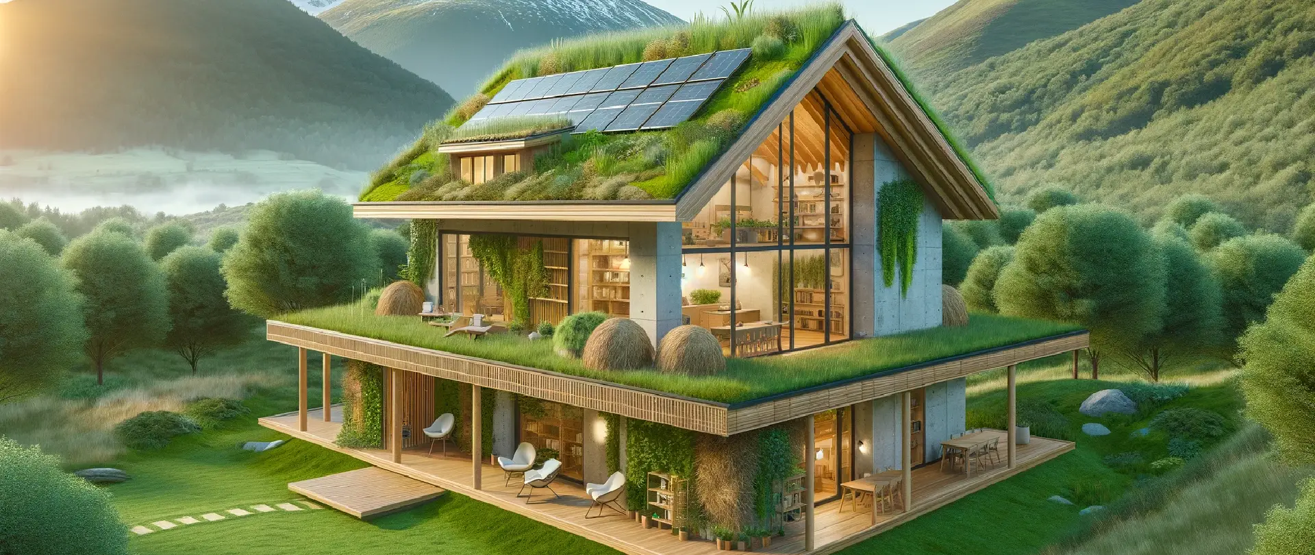Image of eco friendly building materials including bamboo, recycled plastic lumber, recycled aluminum, recycled concrete, sheep's wool insulation, rammed earth, and straw bales, highlighting sustainable choices for house building.
