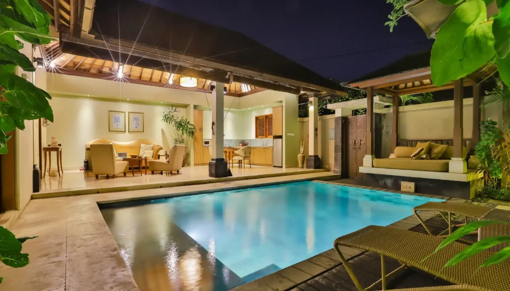 Stunning small villa landscape design with beautiful garden and swimming pool